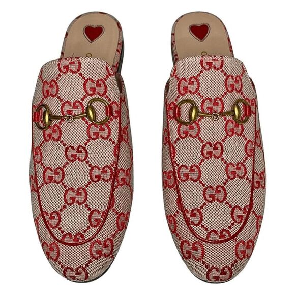 Gucci Princetown Horsebit Mule EU 37.5 US 7.5 Red GG Monogram Canvas Loafer Flat - Picture 2 of 12